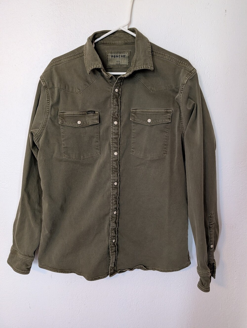 Poncho The Falfurrias Western Denim Pearl Snap Shirt Mens M Olive Green Slim Fit